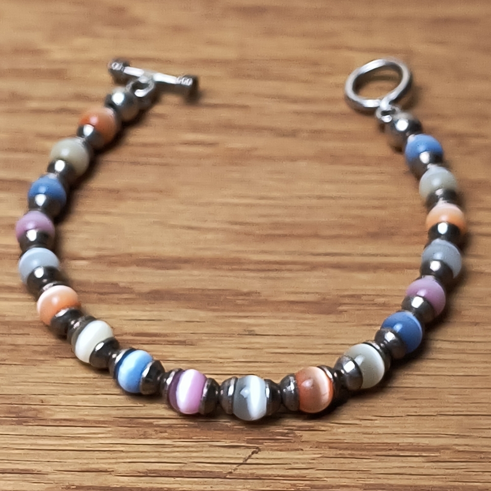 Cat's Eye Colorful Beaded Bracelet Sterling Silver 925 ( 7.5"